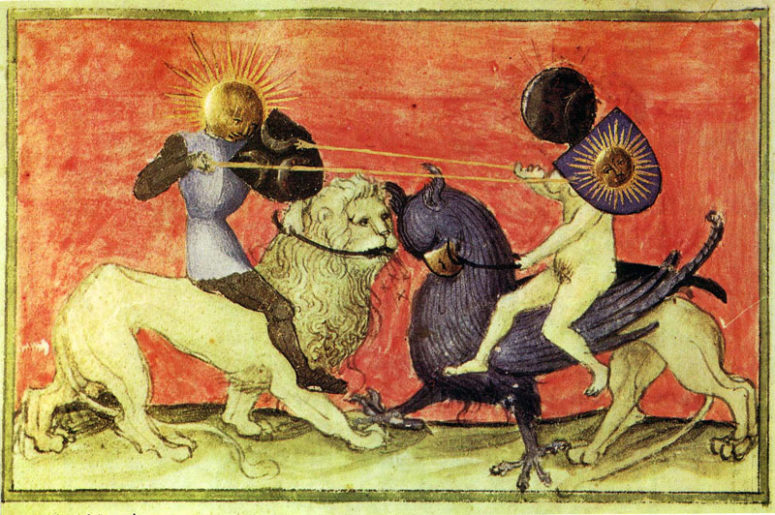 The Sun and the Moon fighting, with the opposition of Lion vs Griffin, and male vs female. In Norse culture the genders of the planetary bodies seem to have been reversed, with the Sun being female.